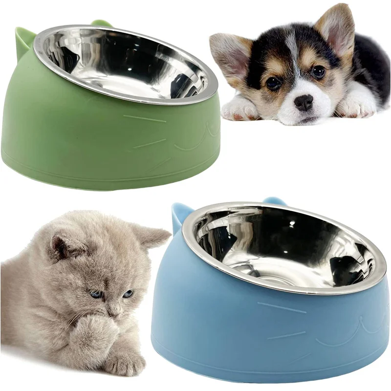 1pc Stainless Steel Cat Lovely Creative Inclined Kitten Puppy Food Feeding Bowls Cats Drinking Feeder Pet Dogs Cats Feeder