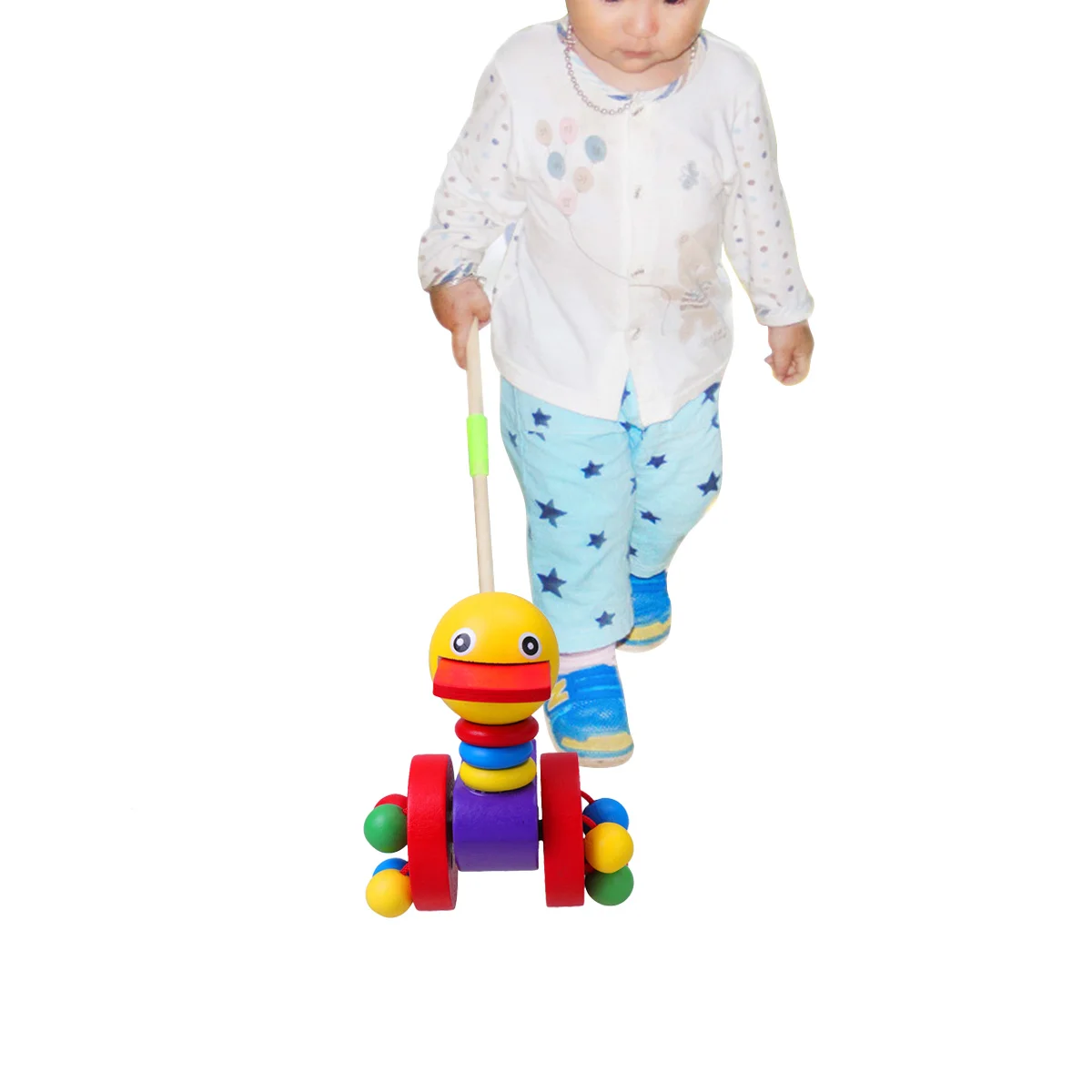 Pushing Toys Toddler Wooden Push and with Detachable Pole Cartoon Carts Walker Wooden Toys Push Rod Cart Toys