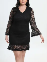 Plus Size elegancka suknia dla gościa weselnego, damska Plus solidna kontrastowa koronka dzwonkowy rękaw dekolt z dekoltem w szpic sukienka formalne Bodycon