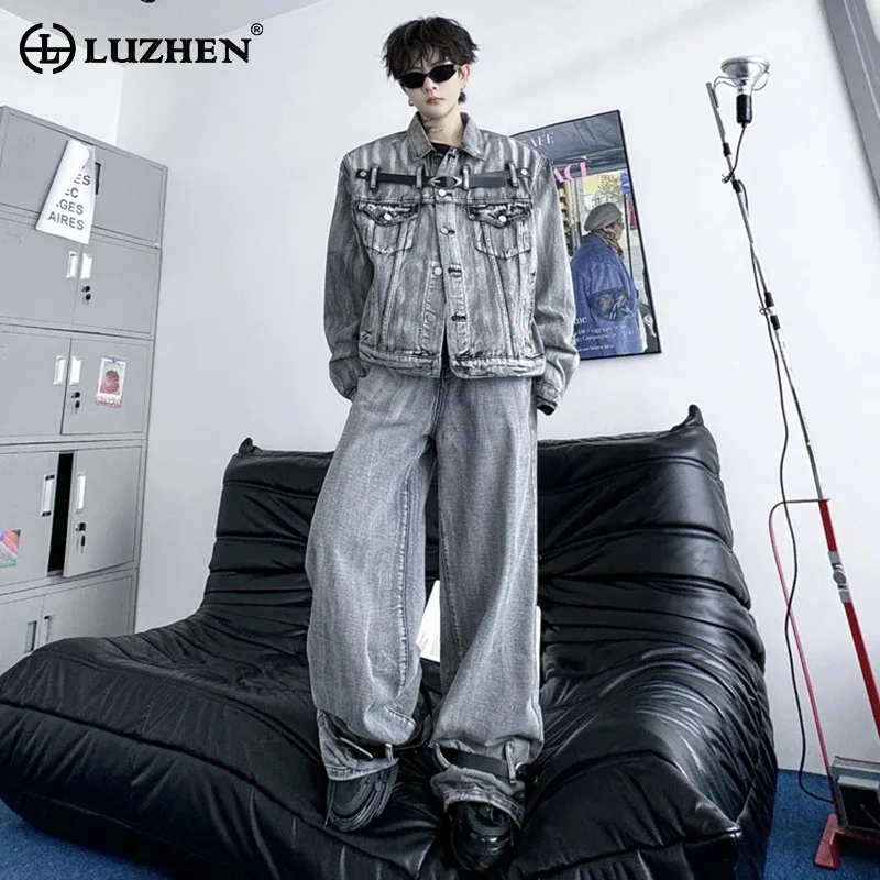 LUZHEN Autumn Belt Patchwork Design Trendy Washed Denim Jacket Two Piece Sets Stylish Streetwear High Quality Men's Jeans LZ4719