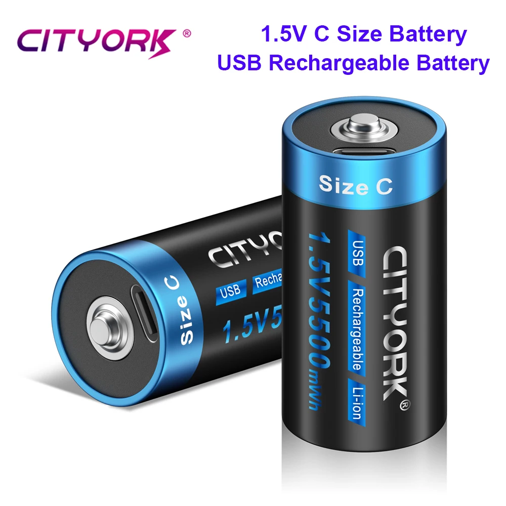 CITYORK 1.5V C 사이즈 충전식 배터리, USB 충전 리튬 이온 배터리, LR14 R14 셀, 라디오 손전등 장난감