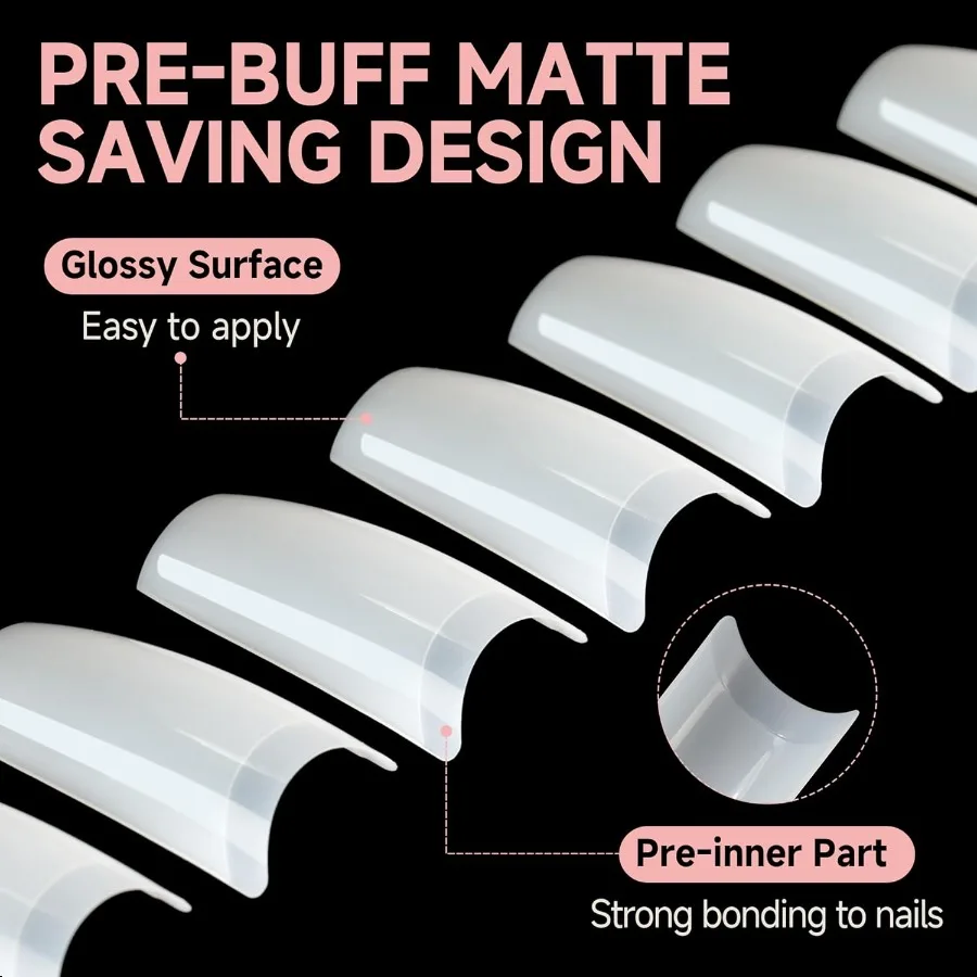 ปลายเล็บอะคริลิคสีขาวแบบครึ่งเล็บปลอม สไตล์ฝรั่งเศส ทรงเหลี่ยม ปลายเล็บเจล 504 ชิ้น เล็บปลอมแบบไม่มีโค้ง C สำหรับ DIY