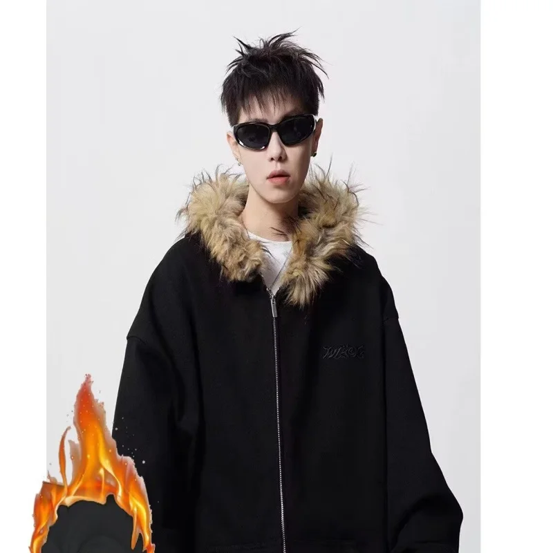 

2025 autumn and winter vintage fur collar embroidered velvet hooded cardigan sweatshirt men's and women's trendy brand top coat