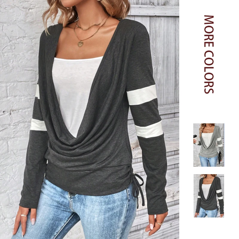 2026 Spring New European and American Women's Wear Versatile Fake Two-piece Striped Color-block T-shirt