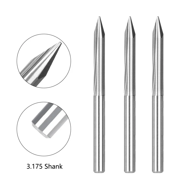 CNC Router Bit 10pcs 3.175mm Shank 2 Flute Straight V Shape End Mill 20-90 Degrees CNC Tungsten Carbide Carving Bit