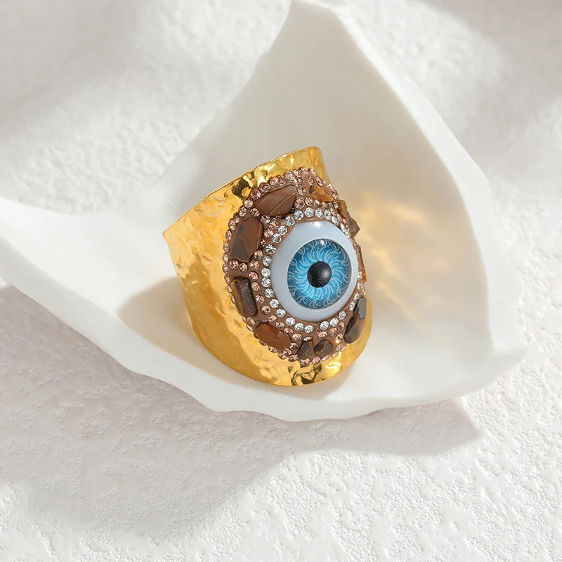 Gold Tone Evil Eye Wide Cuff Ring with Natural Stone & Crystal Accents Bohemian Style Statement jewelry