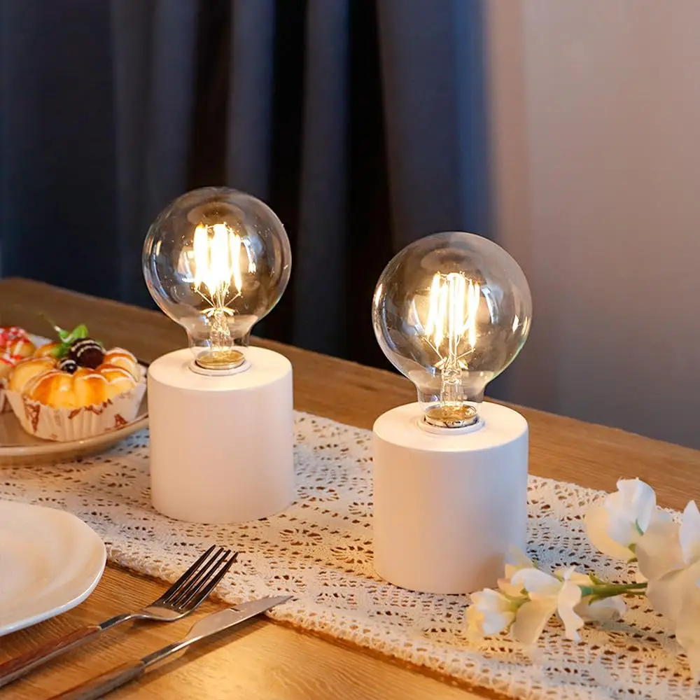 مصابيح طاولة بيضاء مكونة من قطعتين تعمل بالبطارية، بطول 7 بوصات، لمبة إديسون، لاسلكية لغرفة المعيشة وغرفة النوم وحفلات الزفاف والفناء
