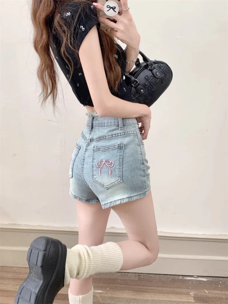 ADAgirl Bow Embroidery Cowboy Shorts for Women Washed High Waisted Wide Leg Short Pants Summer Sexy Girl Fashion Slim Jeans Chic