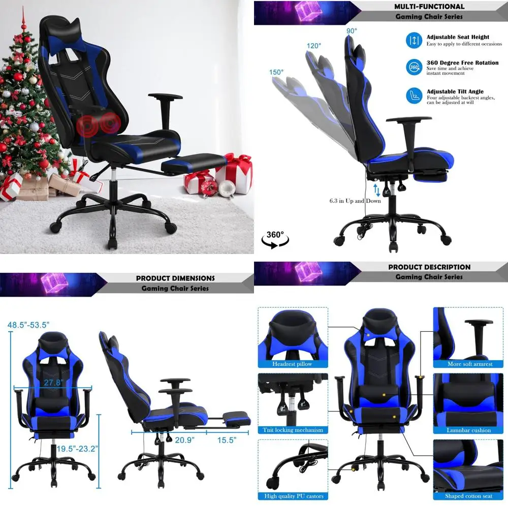 Blue Massage Gaming Chair with Footrest, PU Leather Gaming Chairs for Adults, High Back Office Chair Ergonomic Desk Chair Comput