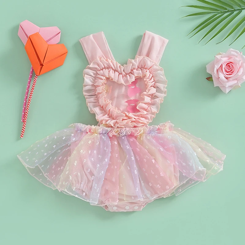 Infant Baby Girls Kids Romper Dress Heart Shape Sleeveless Ruffled Tulle Patchwork Tie Back Jumpsuit Children's Clothing Set