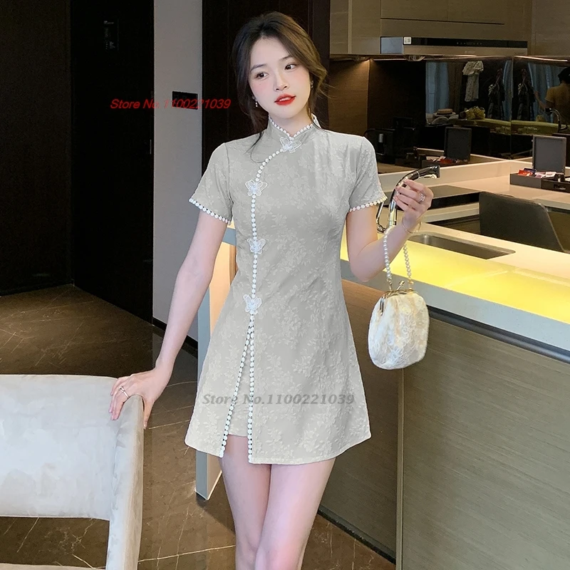 2025 chinese banquet nightclub dress qipao traditional jacquard cheongsam improved qipao dress+shorts set hotel spa work dress