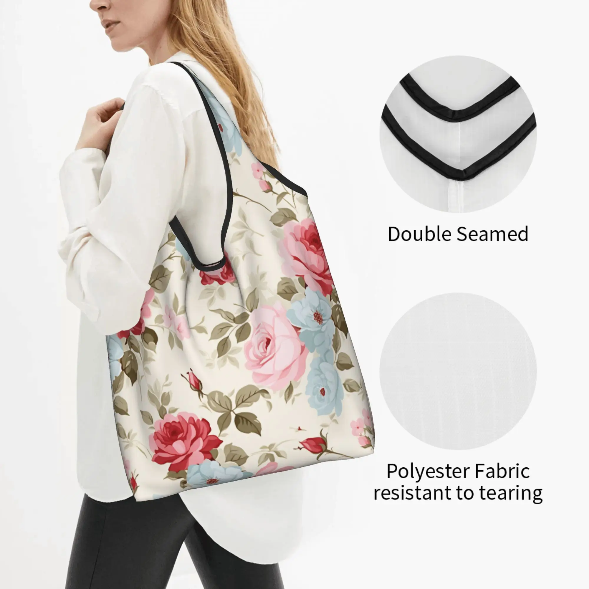 Recycling Rose Flowers On Lvory Shopping Bag Women Tote Bag Portable Pink And Blue  Groceries Shopper Bags