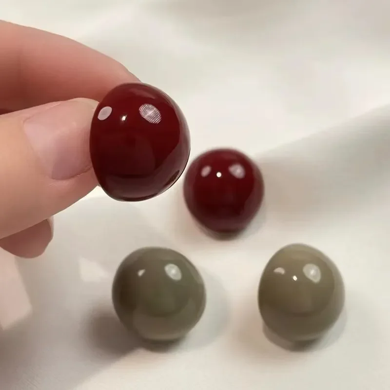 2024 new retro Hong Kong style angora red stud earrings drip glaze hemisphere 925 silver needle ins premium temperament