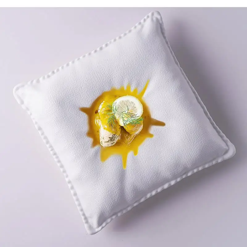 Fabric Pillow Shape Plate Ceramic Dinner White Square Cutlery Dessert Specialty French Meal Breakfast