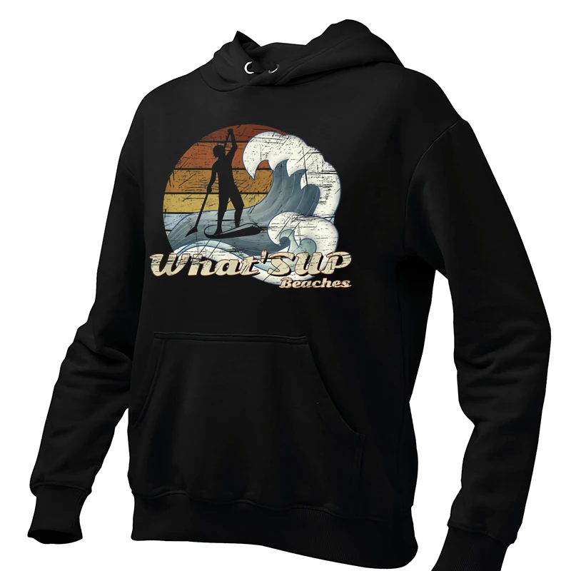 What’s Up Beaches Stand Up Paddle Surfer Retro Design Hoodies Long Sleeved Funny Casual Fleece Pullovers For Unisex