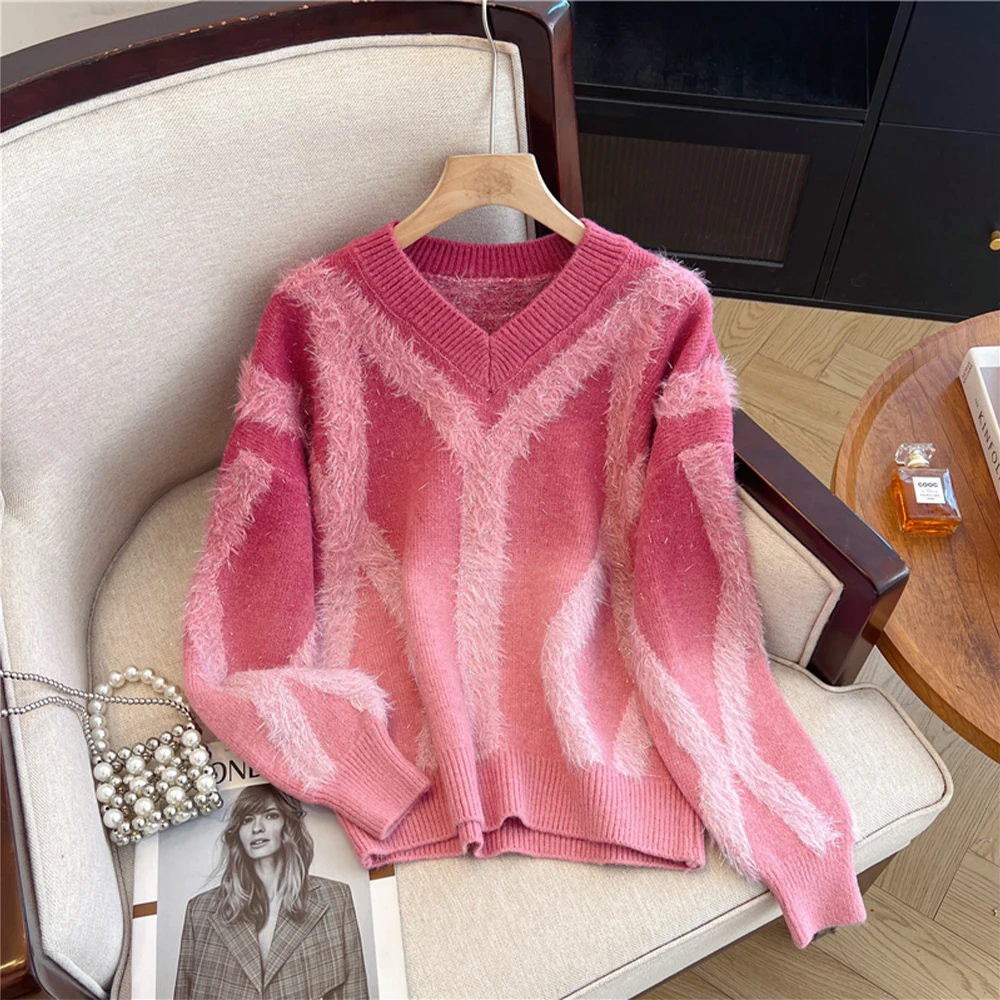 Women's Red Knit Pullover Sweater Harajuku Korean Patchwork Long Sleeves V-Neck Gradient Sweaters Vintage Y2k 2000s Clothes 2025