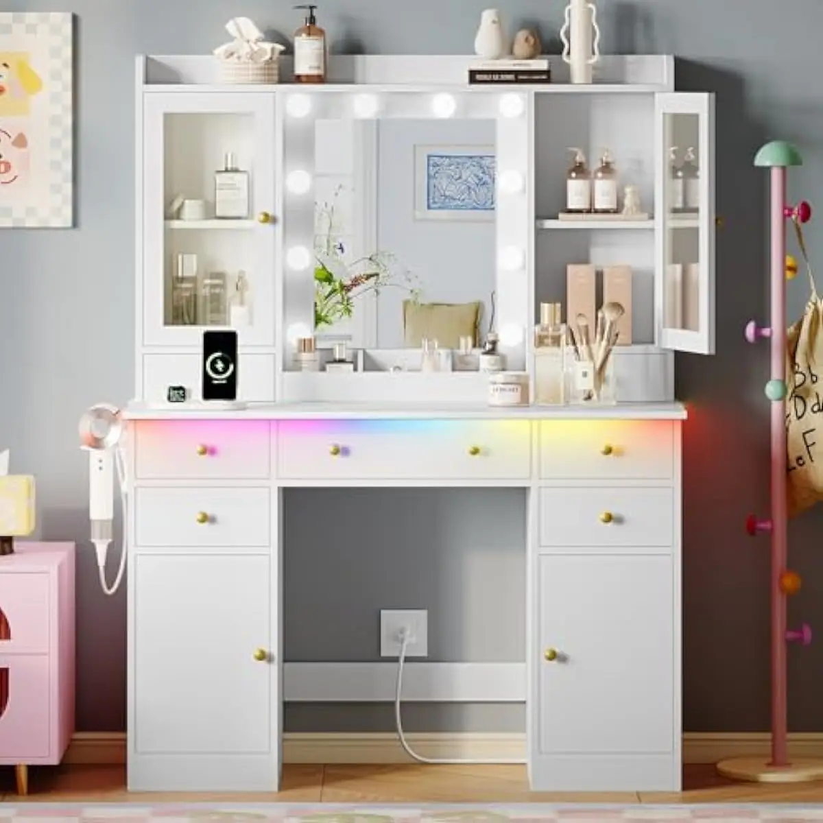 44 Inch Modern Vanity Desk Featuring Adjustable LED Mirror Lighting, RGB Ambient Under-Table Glow, Spacious Glass Cabinets, Mult