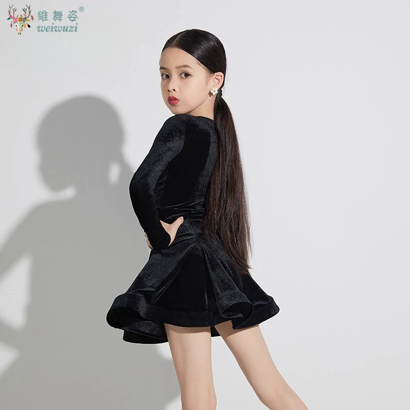 فستان ممارسة الرقص اللاتيني للفتيات بأكمام طويلة، تنورة كبيرة متأرجحة للأطفال، زي أداء المنافسة، تنورة رقص رومبا تانجو