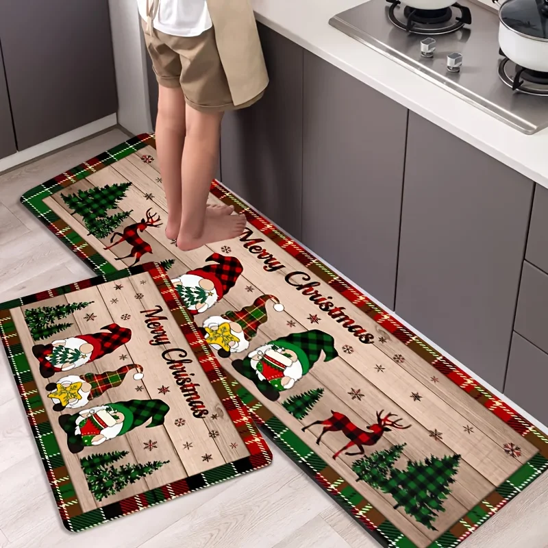 VIKAMA Christmas Kitchen Rugs 2 Pack Non Slip Washable Floor Mats Xmas Gnome Deer Wood Grain Kitchen Runner Decor