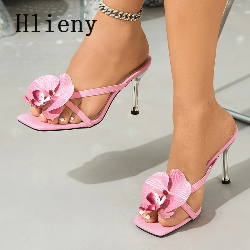 

Hlieny Summer Fashion Design Flowers Flip Flops Women Slippers Narrow Band Square Toe Thin High Heels Sandals Party Dress Shoes