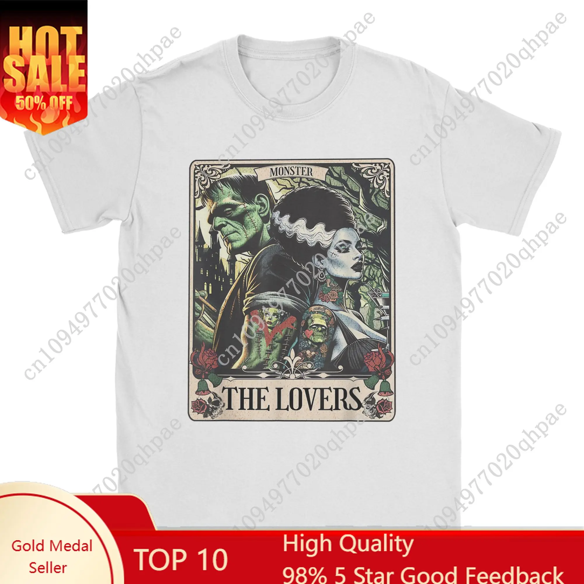 

Men's T-Shirts Monster Frankenstein And Bride Casual Cotton Tees Short Sleeve The Lovers Tarot Card T Shirts merch Plus Size