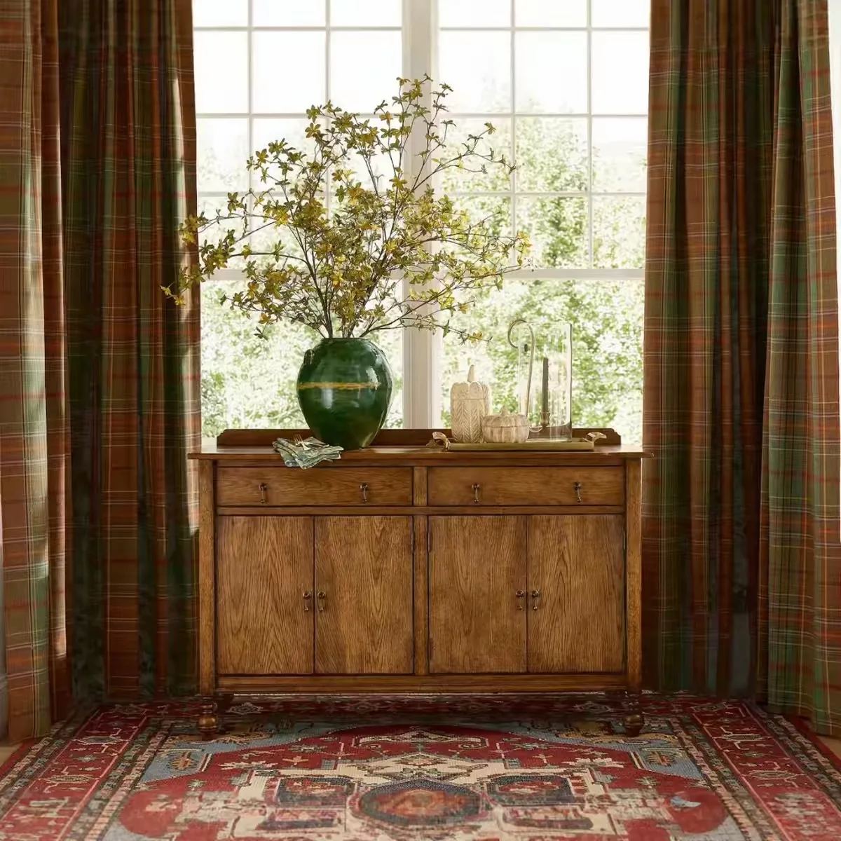 Retro solid wood dining side cabinet four-door cabinet with drawers