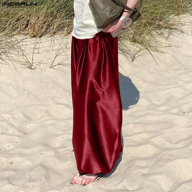 INCERUN 남성 바지 솔리드 컬러 조거 팬츠 신축성 있는 허리 캐주얼 바지 남성 루즈 스트리트웨어 2025 새틴 패션 레저 롱 팬츠