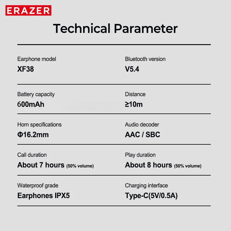 ERAZER XF38 Open-Ear Ear-Hook Kabellose Bluetooth-Ohrhörer OWS Air Conduction Kopfhörer ENC Geräuschunterdrückung HiFi Stereo IPX5 – Detail 13