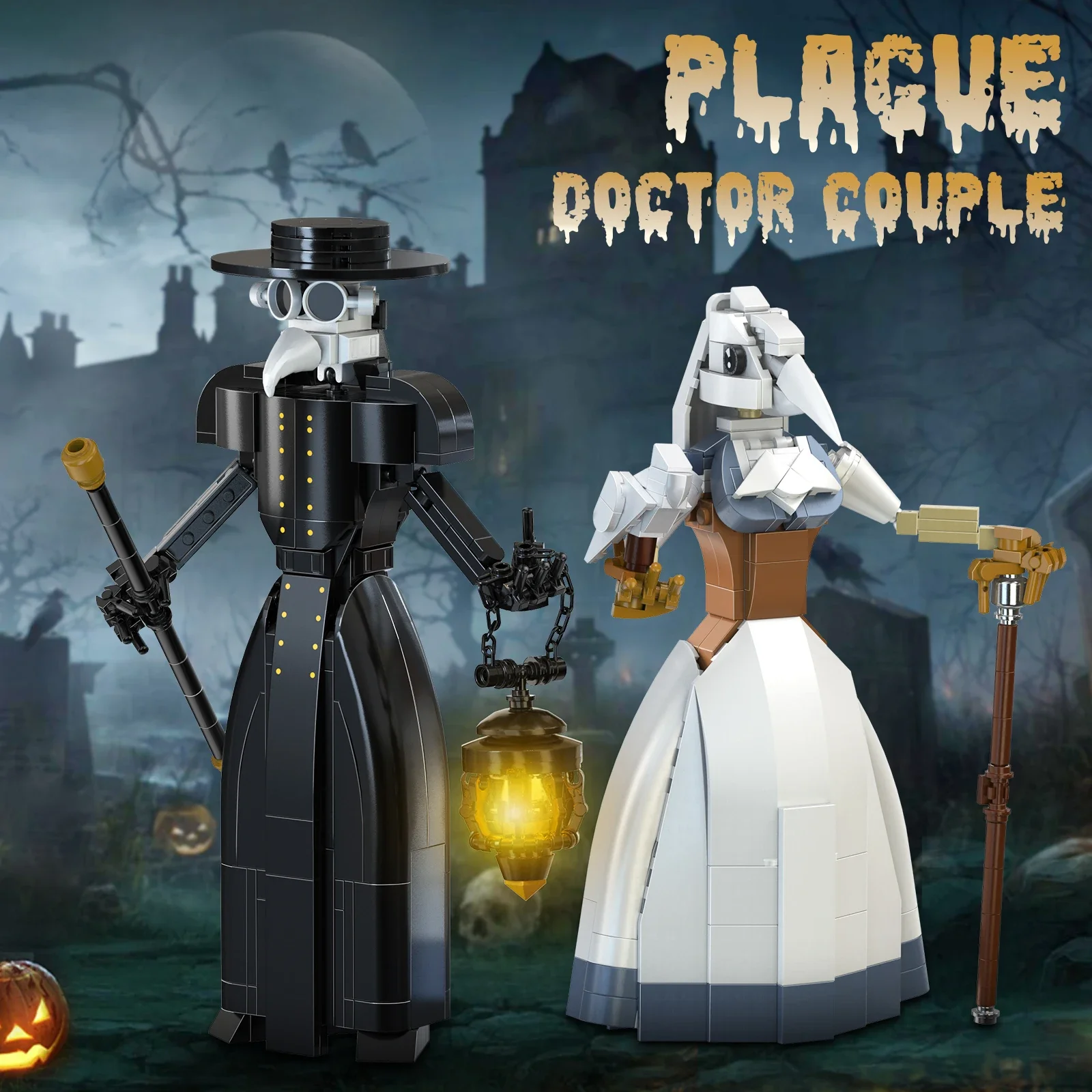 

MOC Halloween Gifts 2-in-1 Plagues Doctor Couple Building Block Set Bird-like Beak Mask Doctor Model Toys Film Fans Collection