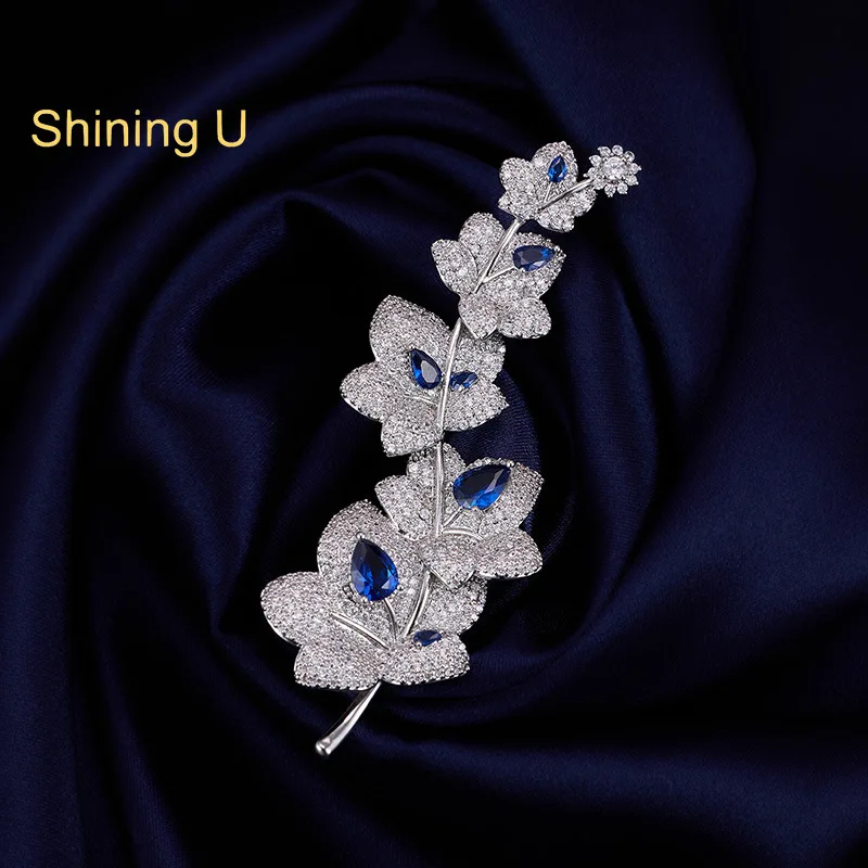 Shining U Full Zircon Gems Maple Leaves Brooch for Women Fashion Accessory Gift