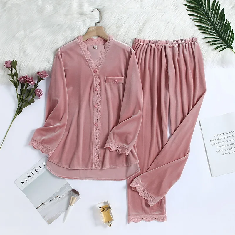 Gold Velvet Women's Pajama Set Solid Long Sleeve Ladies 2 Pcs Sleepwear Autumn Winter Lace Patchwork Pijama For Female