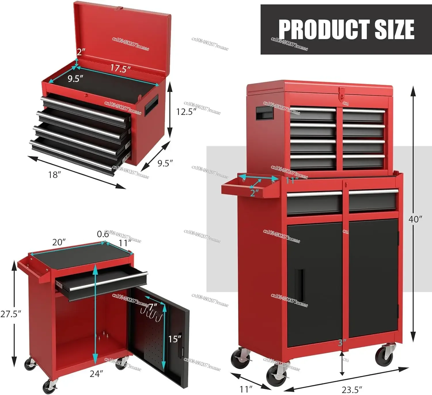 Rolling Tool Storage Cabinet with Removable Top Tool Box, Lining, Lockable, Universal Wheels, Adjustable, 5-Drawer