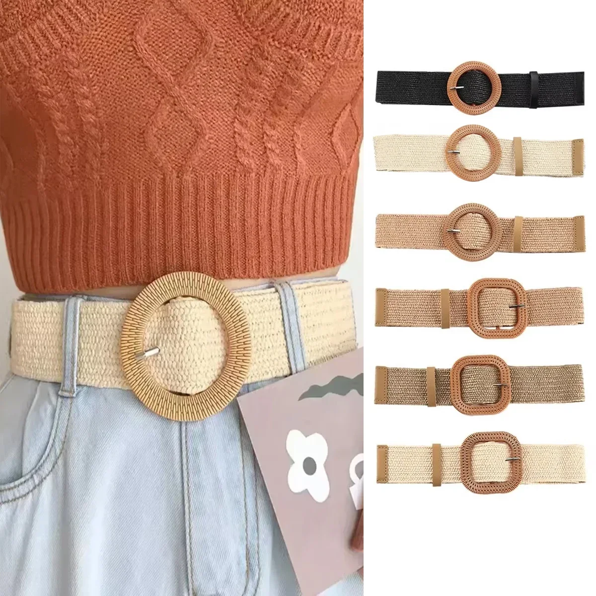 

Fashion Women PP Straw Belt Bohemian Wide Elastic Waist Belt Braided Waistbelt Summer Casual Cloth Waistbelt Apparel Accessories