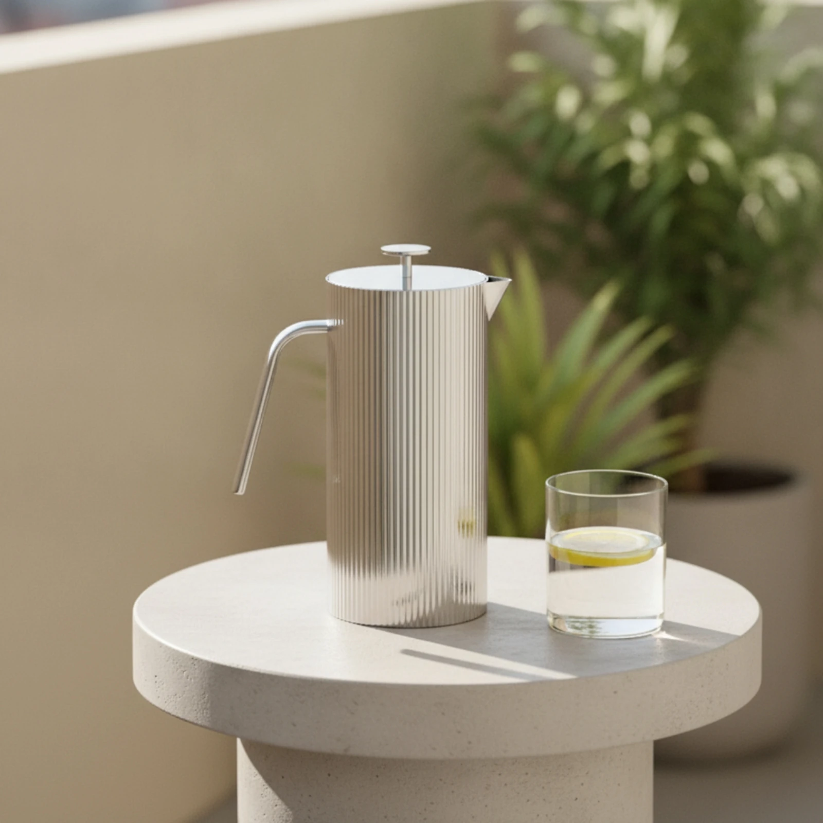 Stainless Steel Pitcher Striped Water Pitcher with Lid Metal Water Carafe Cylindrical Carafe with Handle Elegant
