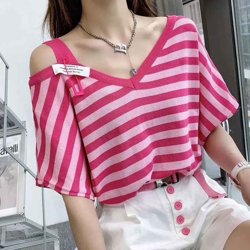 Ice Silk Short Sleeve T Shirts Women\'s Loose Thin Summer New V-neck Striped Off Shoulder Fashion Tops Tees Trend Casual Clothing