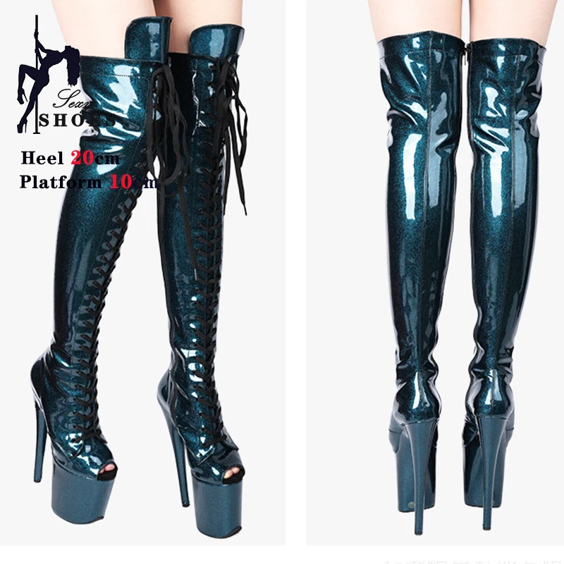 New Glitter Over-the-knee Women Platform Boots 8inch/20CM High Heel Exotic Pole Dancing Lace-Up Shoes Fetish Boots Size 36-44