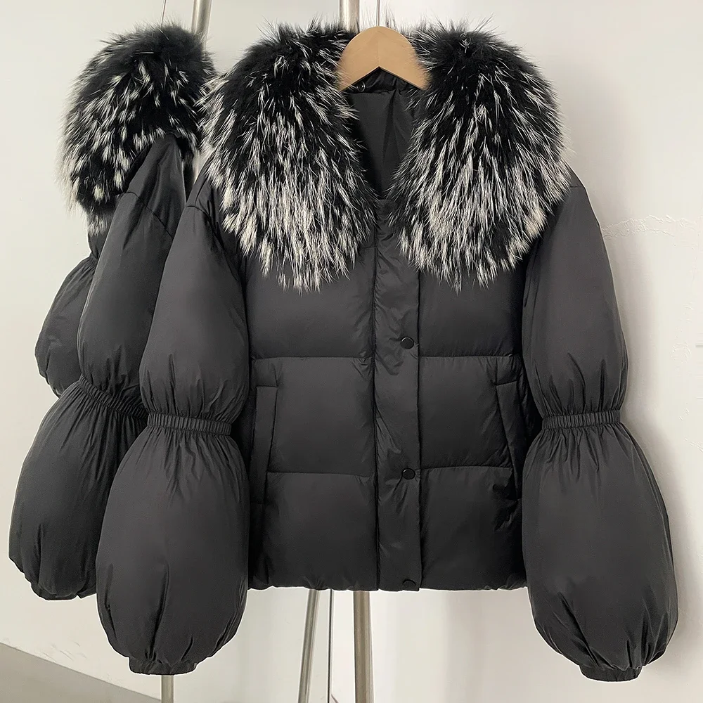 Short Puffer Jacket Women Cropped Down Jacket Lightweight Casual Natural Fox Fur Jacket Autumn Winter Street Style Fashion Coats