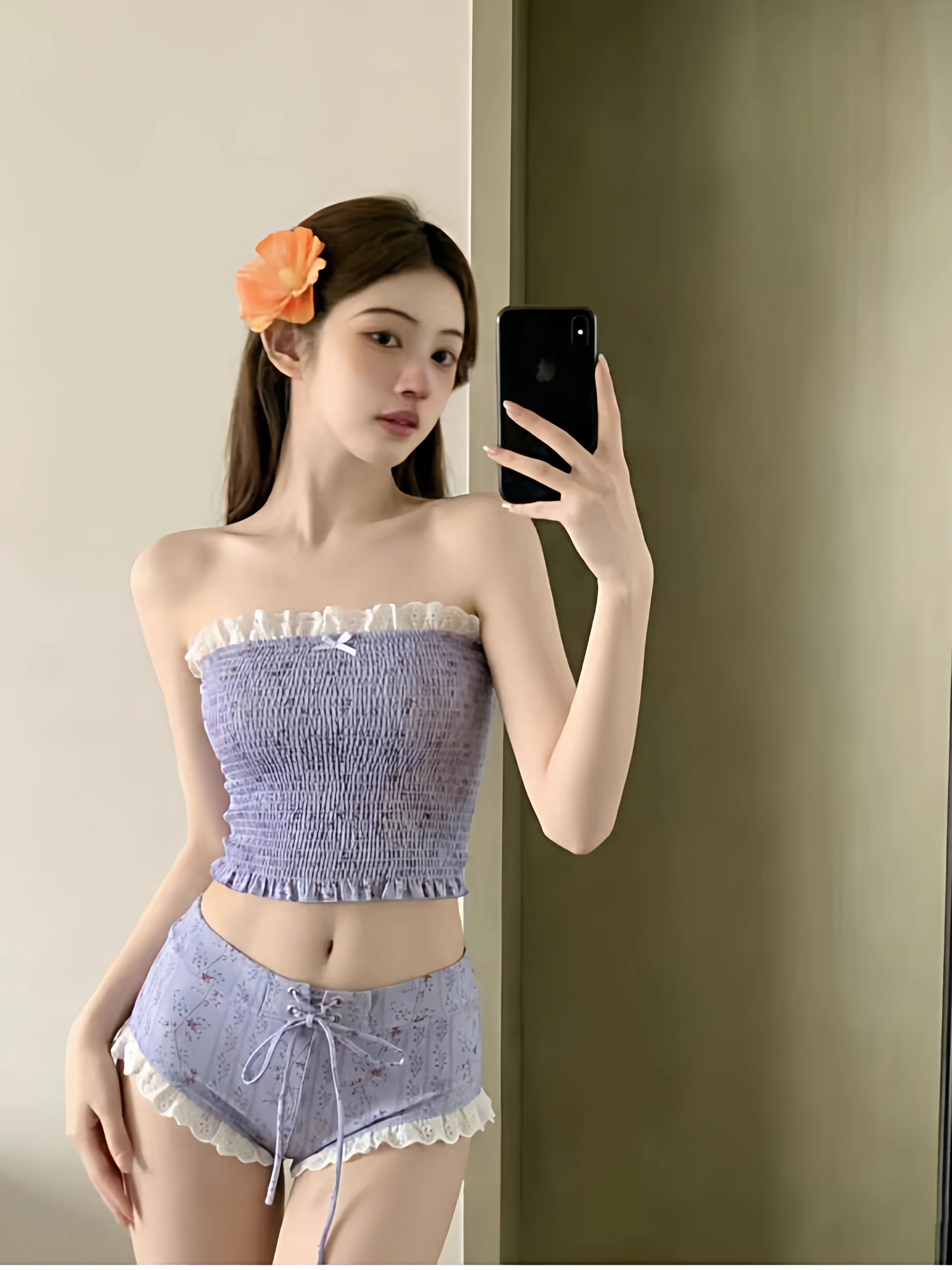 

Комплект бикини с высокой талией для похудения, с кружевной отделкой, топ-бандо для небольшой груди, женский купальник для отпуска и горячих источников