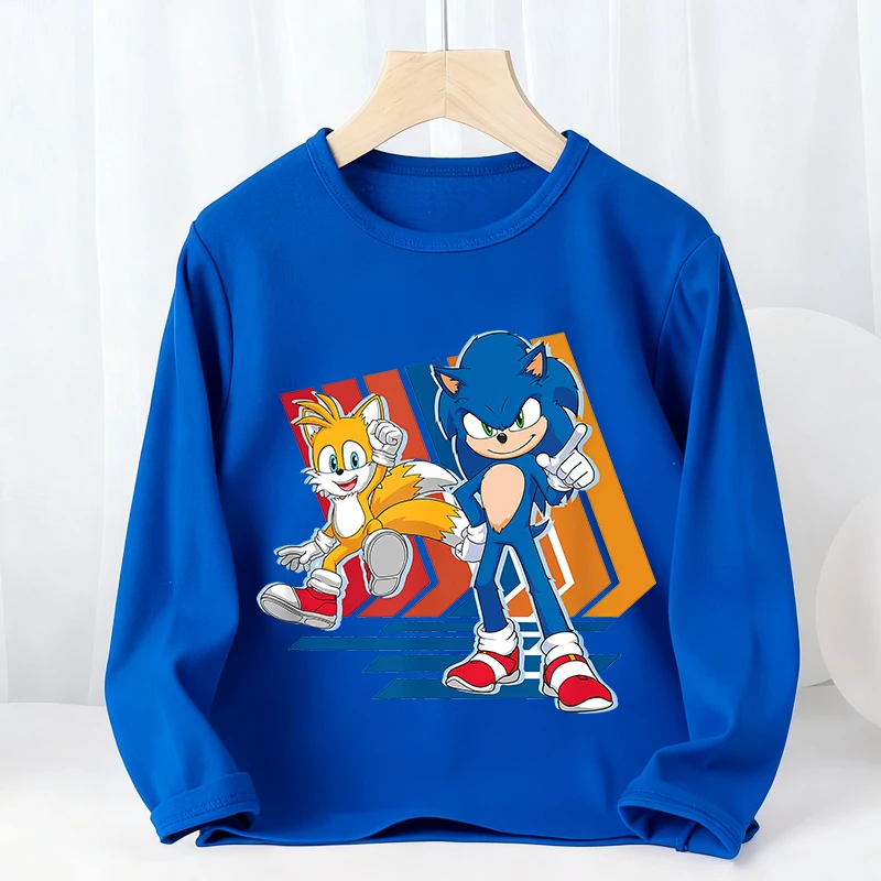 Sonics Kids Long Sleeves T-shirts Cartoon Crewneck Bottoming Undershirts Anime Pullover Thin Top Tees Children Clothing Gift New