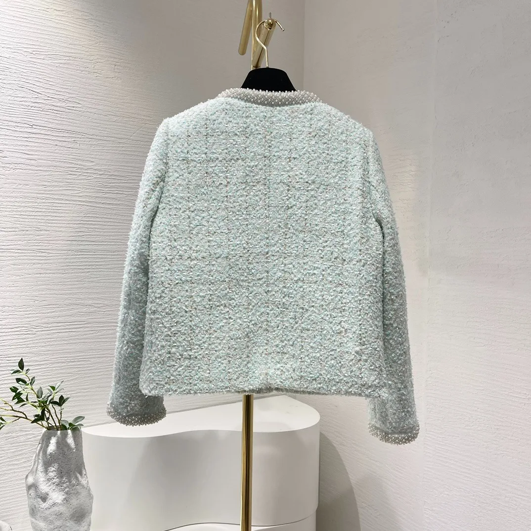 2024 New Autumn Pearl Light Blue Long Sleeve Tweed Down Down Padded Jacket for Women