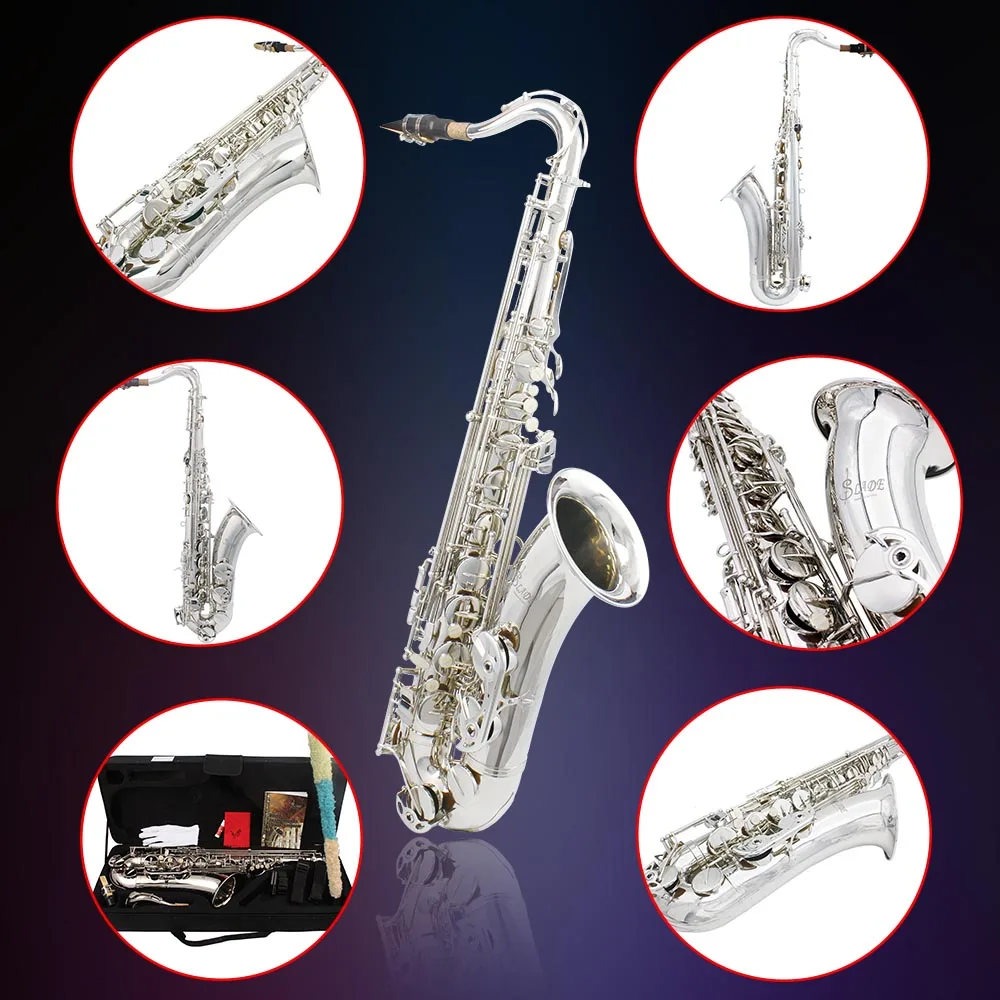 SLADE Tenor Saxophone Bb Flat Professional Brass Silvery Saxophone Complete with Cases Strap Reed  Accessories