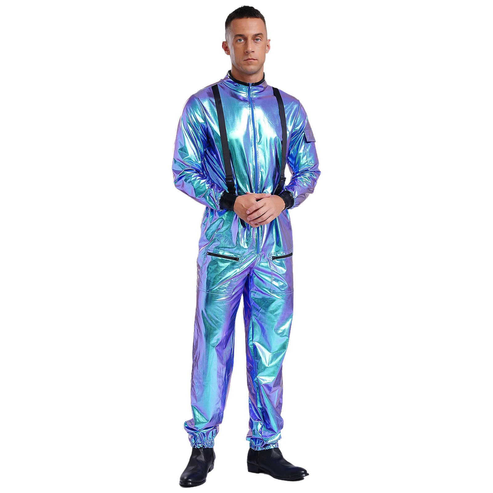 Mens Halloween Pilot Air Force Astronaut Alien Cosplay Costume with Metallic Roleplay Disco Overall Jumpsuits Zipper Bodysuit