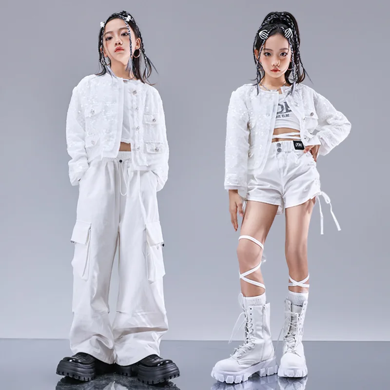 

Children Girls Fashion Show Hip Hop Jazz Stage Clothing Kids White Sequin Jacket Pant Sets Coat Shorts Suits Costumes Tracksuits