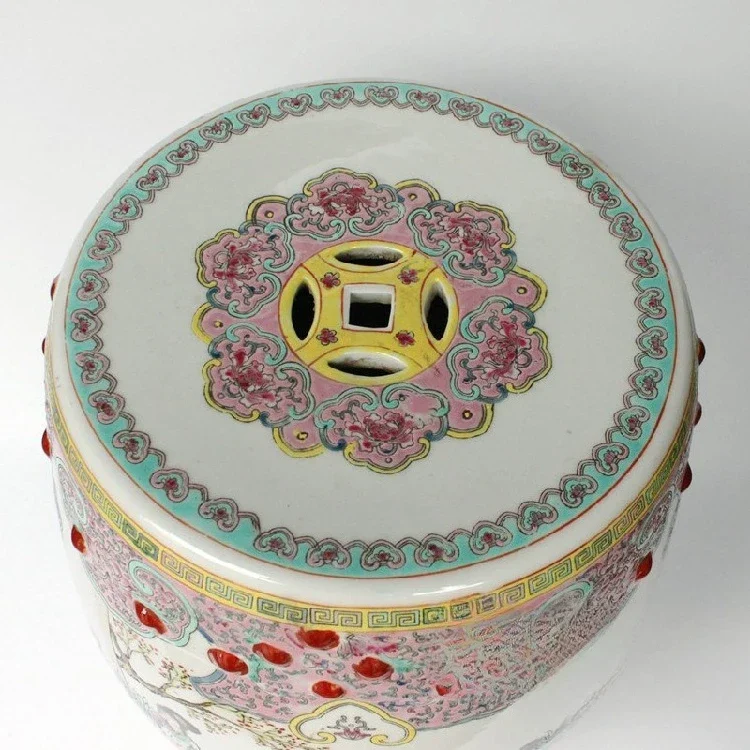 Ceramic, pastel hand-painted antique maid drum stool porcelain stool, dressing stool embroidered pier carving