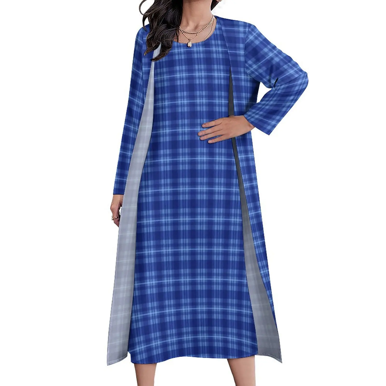 

Blue Plaid Print Dress Vintage Check Party Maxi Dress Two Piece Design Bohemia Long Dresses Aesthetic Big Size Vestido