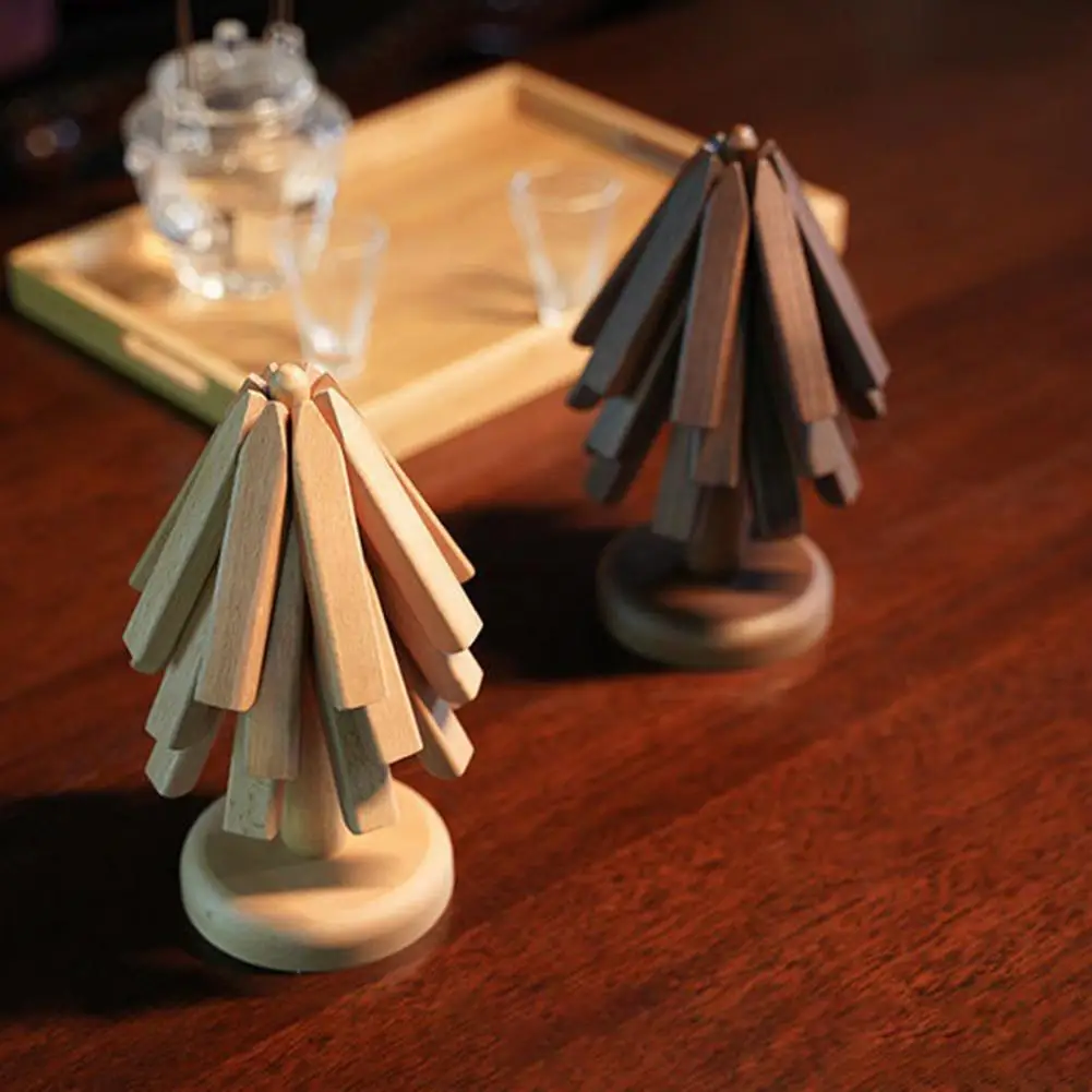 

Wooden Trivets for Hot Dishes 3/4Pcs Tree Shape Coasters Set with Stand Wooden Tripod Coaster Set Kitchen Table Decor Accessorie