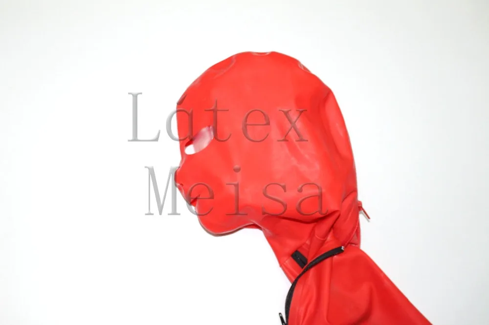 Red latex hood mask open eyes mouth and nostrils with front and back zippers for adults