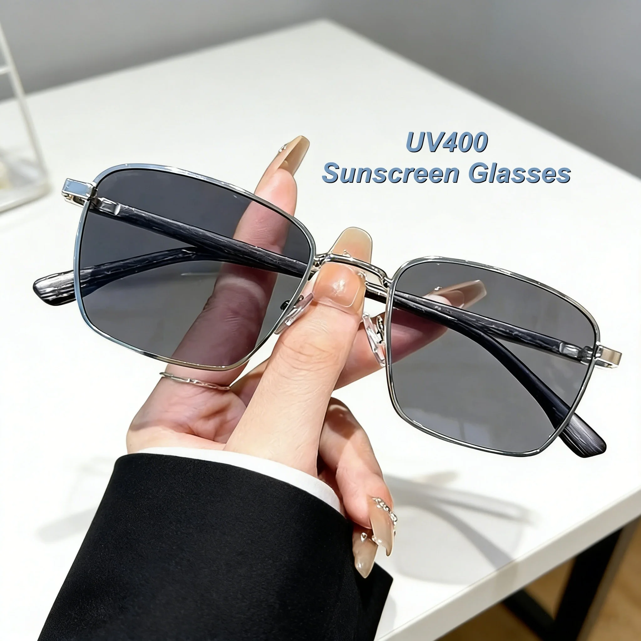 

Retro Personalized Metal Box Women's Sunglasses Outdoor Fashion Neutral High Quality Wood Grain Legs UV400 Sunscreen Glasses