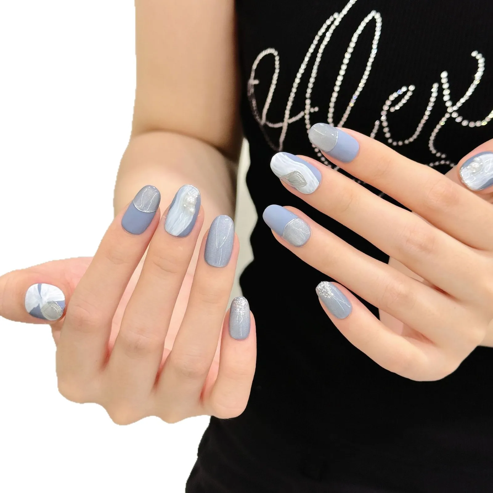10개 수제 프랑스 숏 프레스온 네일, 반짝이는 블루 캣아이 펄 프로스티드 디자인 가짜 네일, 착용 가능한 네일 아트 팁 (여성용)
