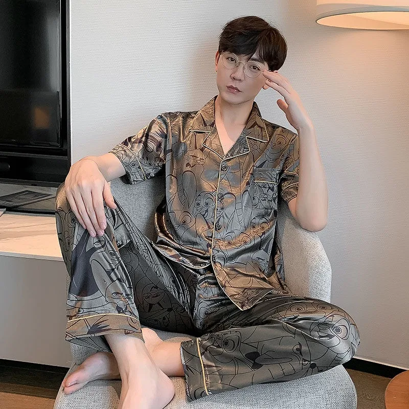 Large 5XL Men Underwear 2Piece Set Spring Pyjamas Short Sleeve Trousers Suit Casual Home Wear Silk Boy Pajama Leisure Sleepwear